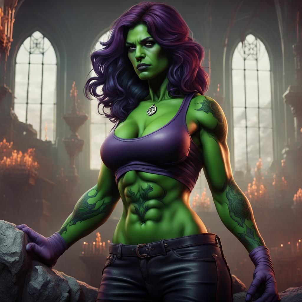 Gothic Tattooed She-Hulk: Detailed Matte Painting