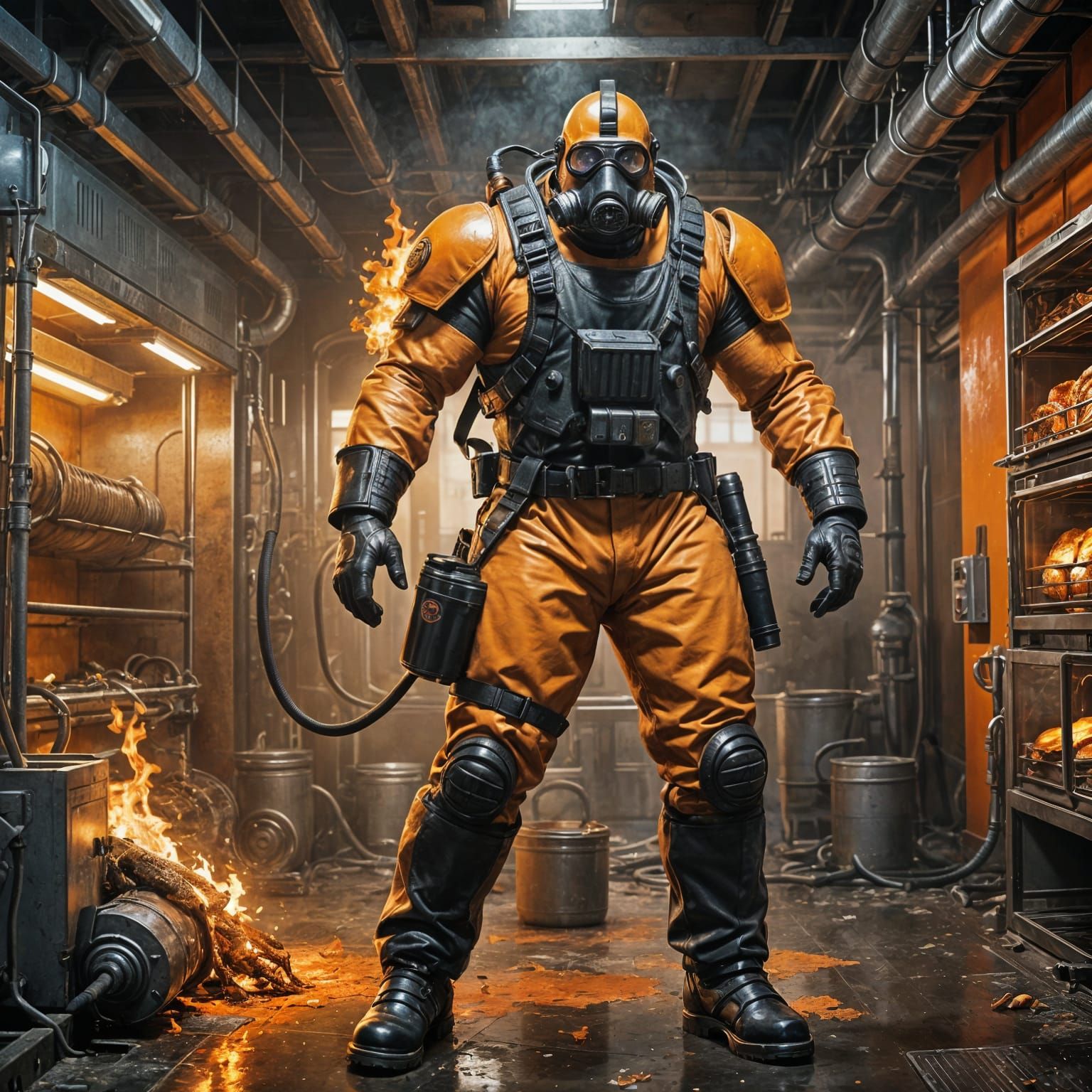 Flamethrower-Wielding Man in Broiler Room: Hyperrealistic Co...