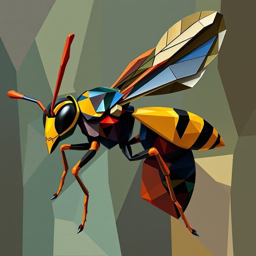 Cubist Wasp in Geometric Oil Painting Style