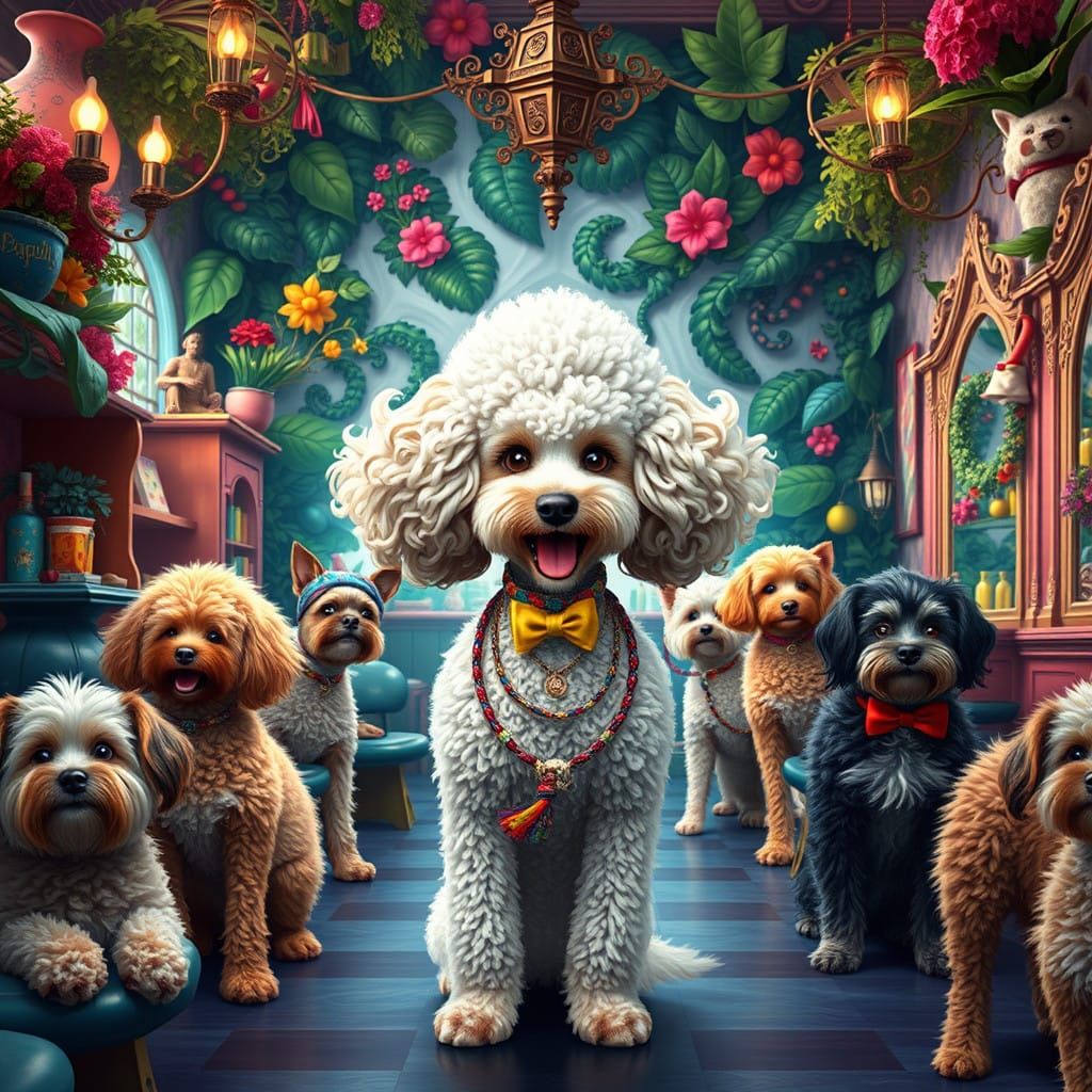 Whimsical Poodle Stylist in Enchanted Beauty Salon