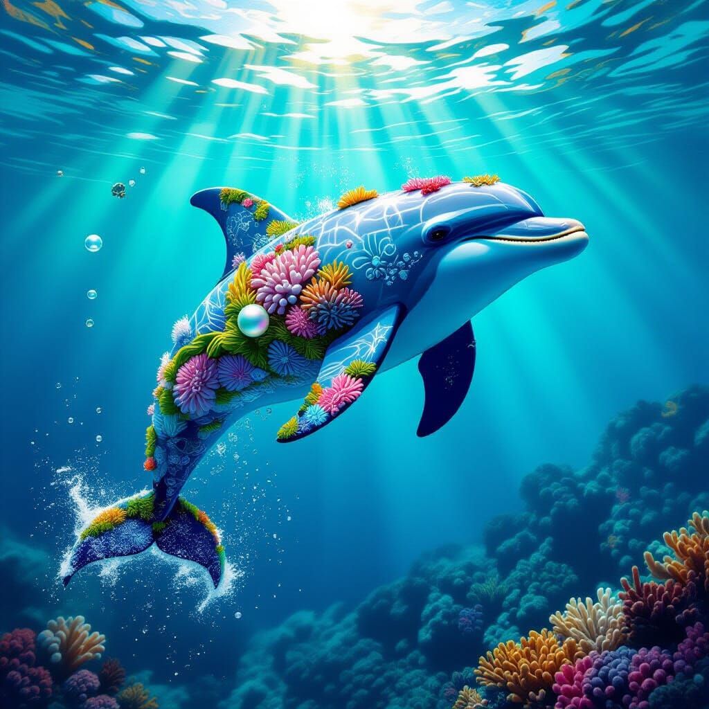 Coral Reef Dolphin in Surreal Dreamscape Style