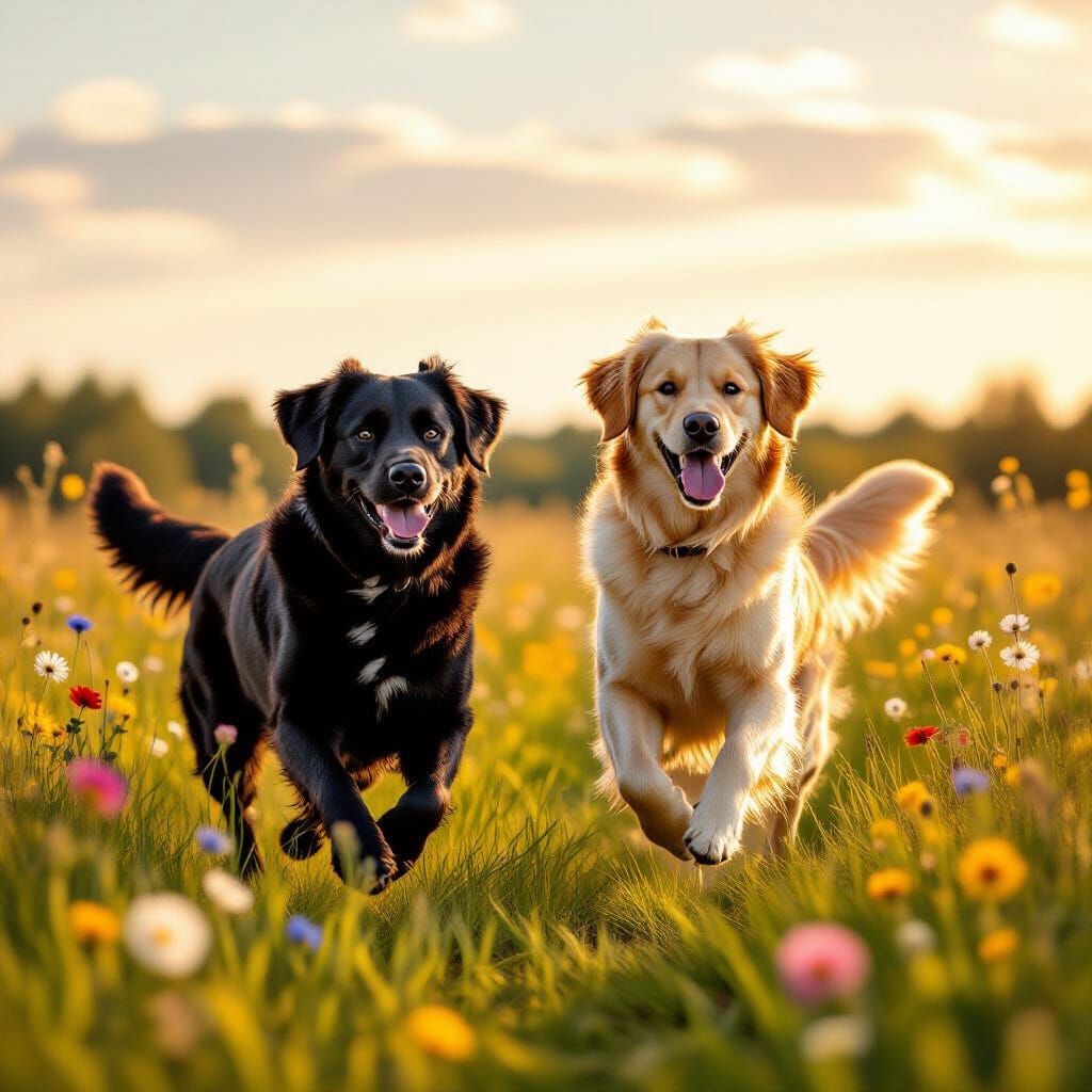 Labrador and Golden Retriever Gallop Through Wildflower Mead...
