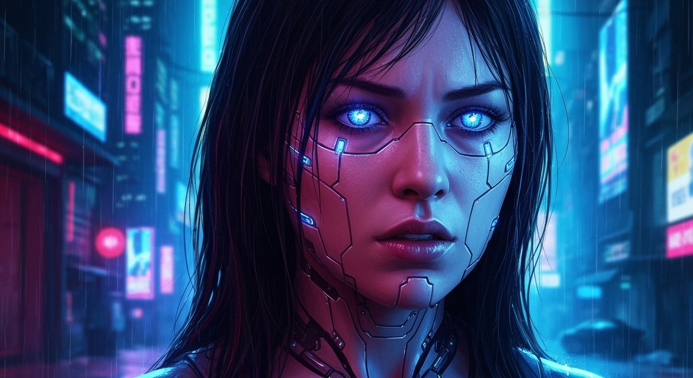 Cyberpunk Woman with Glowing Blue Eyes in Neon Alley