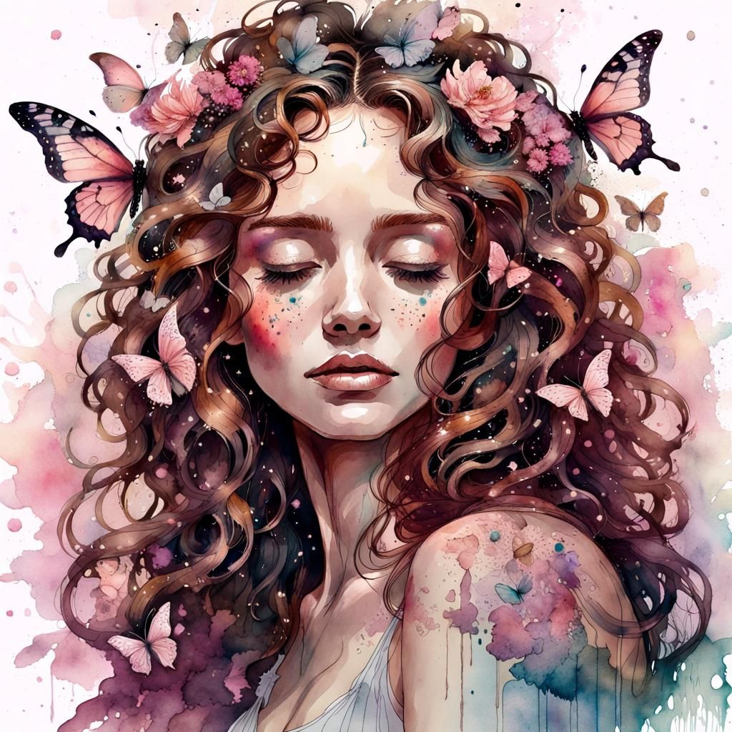 Watercolor Portrait of Woman with Butterflies