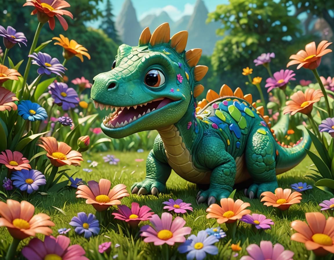 Baby Dinosaur with Flower: 3D Digital Art