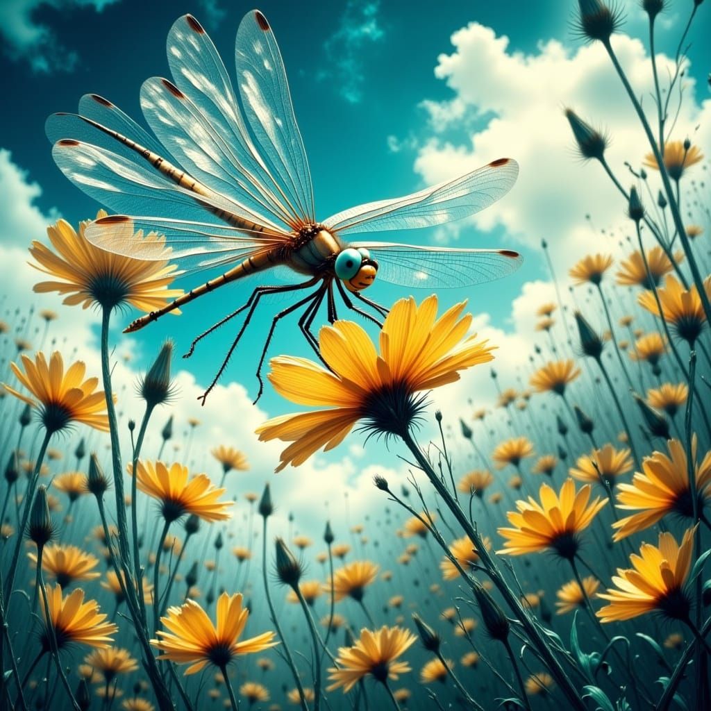 Giant Dragonfly Lands, Cyanotype Wings in Hyperreal Style