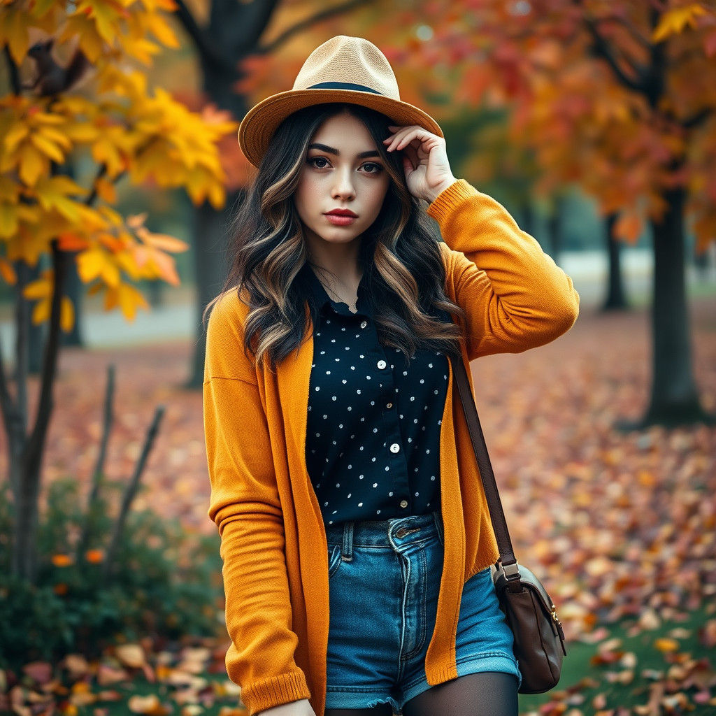 Hipster Girl in Autumn Park, Fantasy Concept Art