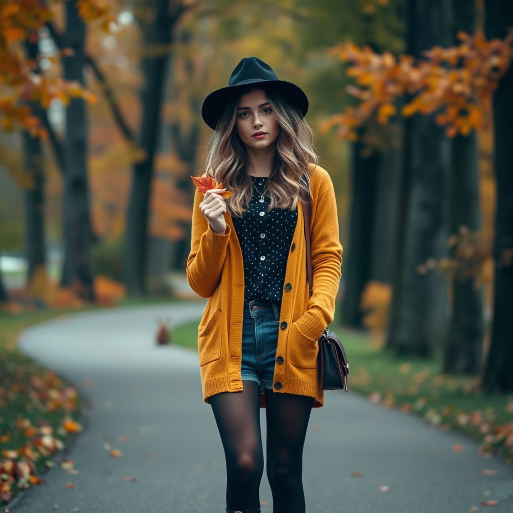 Hipster Girl in Autumn Park, Cinematic Style