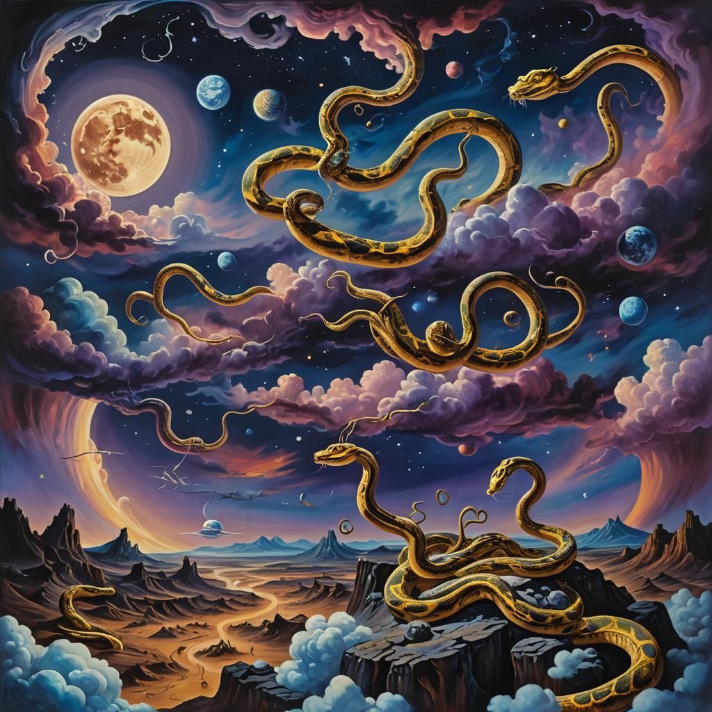 Surreal Night Sky Snakes in Dreamlike Oil Painting