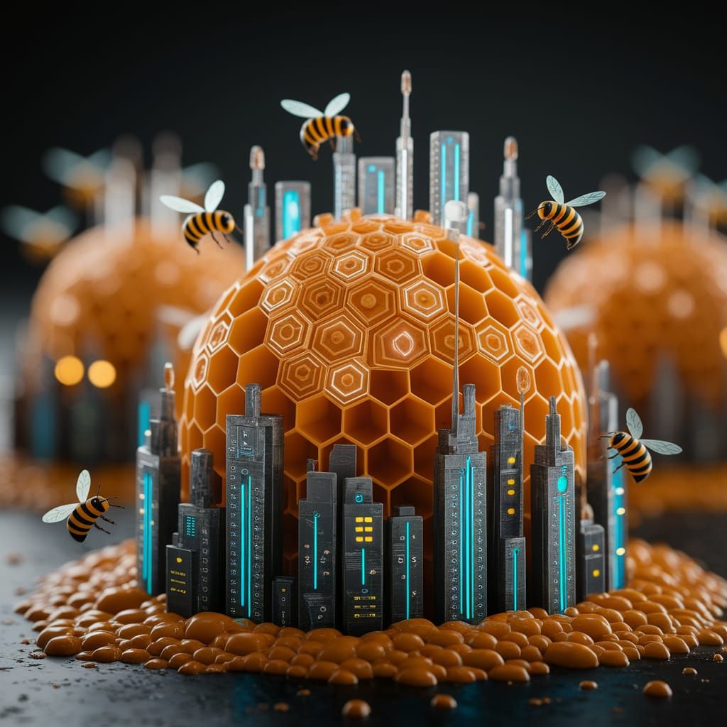 Cyberpunk Honeycomb City with Robotic Bees
