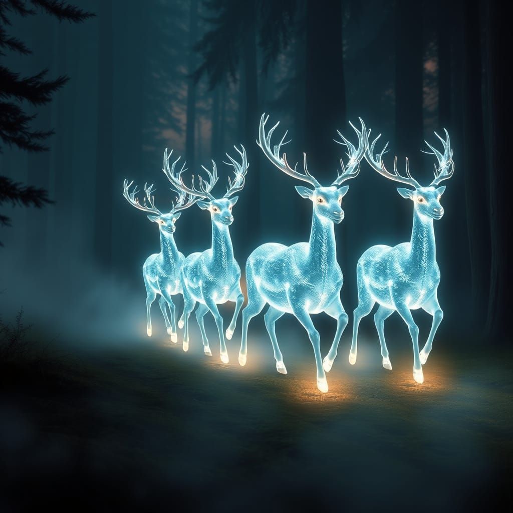 Luminous Reindeer Gallop Through Enchanted Forest
