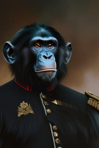 Chimpanzee in Military Uniform: Detailed 8K Portrait