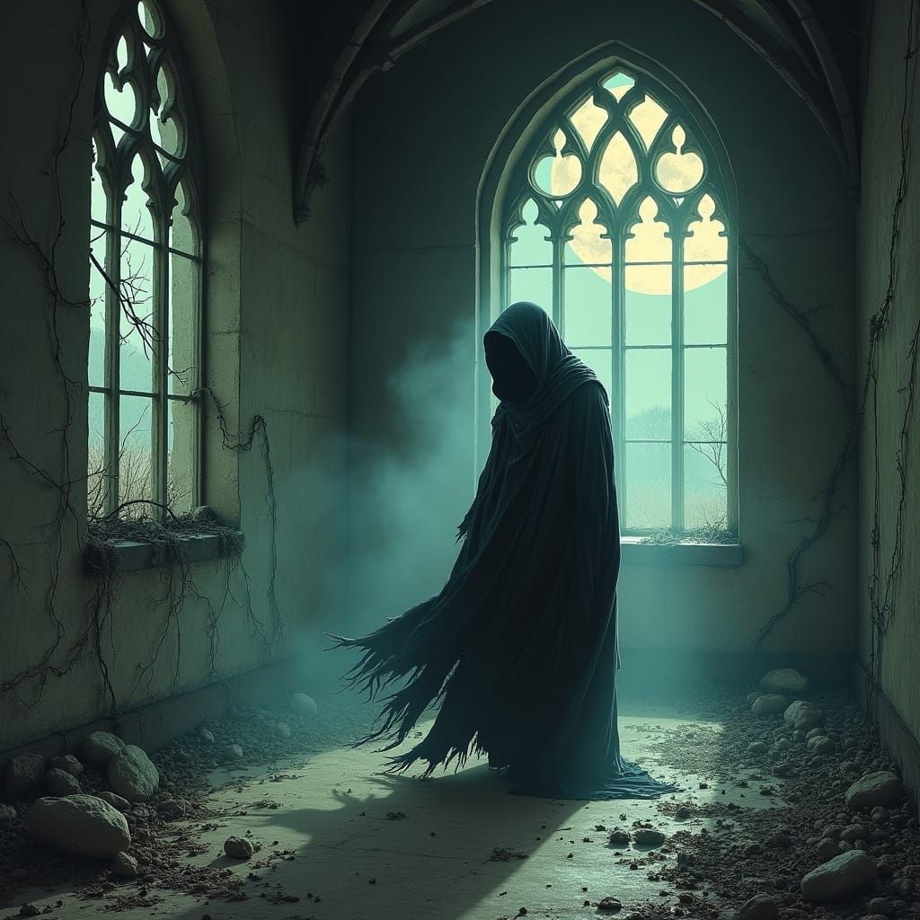 Ethereal Ghost in Abandoned Church, Gustave Doré Style