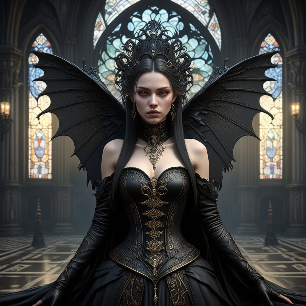 Ethereal Vampire Queen in Victorian Gothic Cathedral