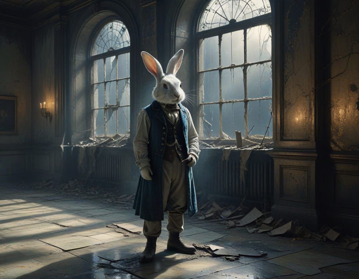 Victorian White Rabbit in Decaying Ballroom