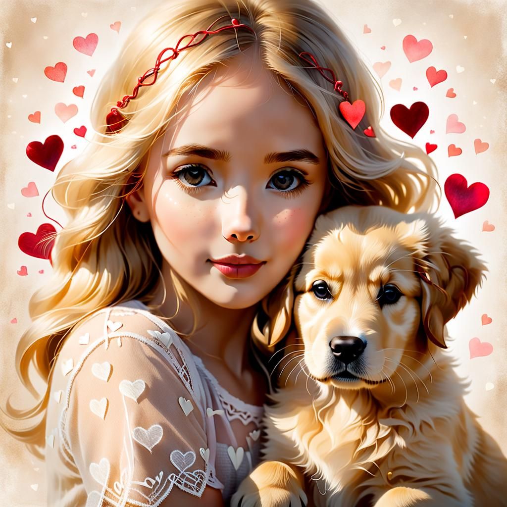 A girl and her Golden Retriever puppy