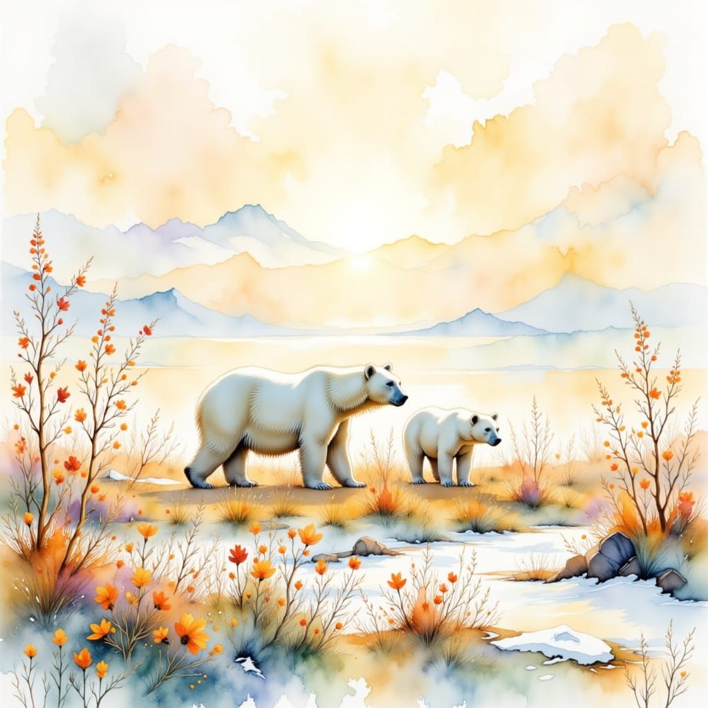 Polar Bear and Cub in Arctic Watercolour Spring