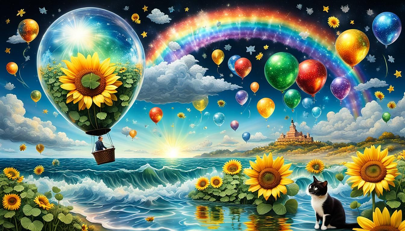 Surreal Candyland Clover with Rainbows and Cosmic Lights