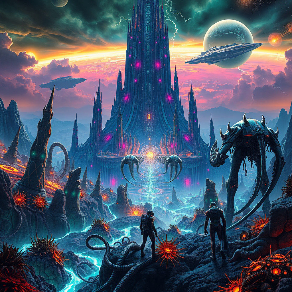 Retrofuturistic Alien Megastructure in a Bioluminescent Land...