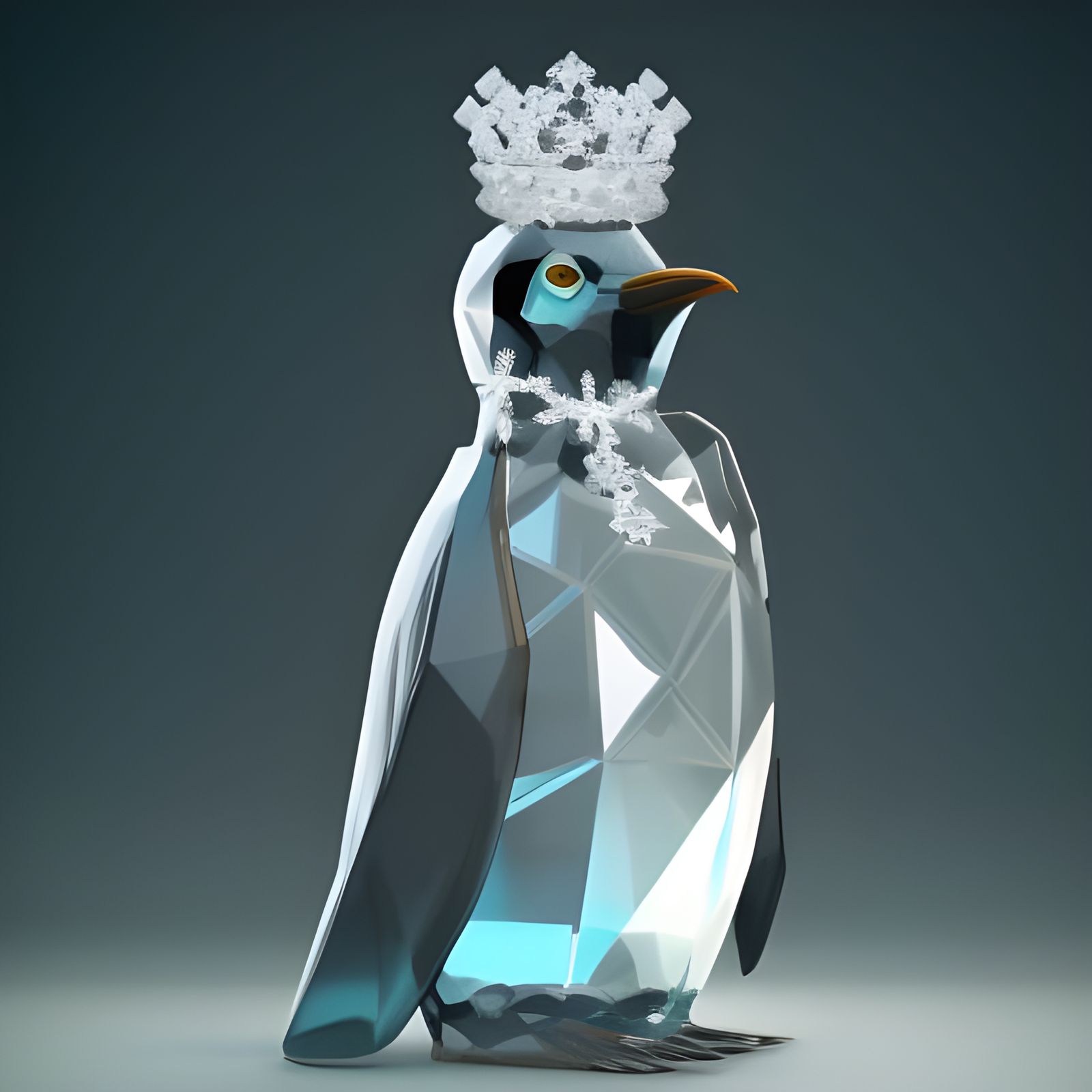 Crystal Ice Penguin with Crown, Art Nouveau Style