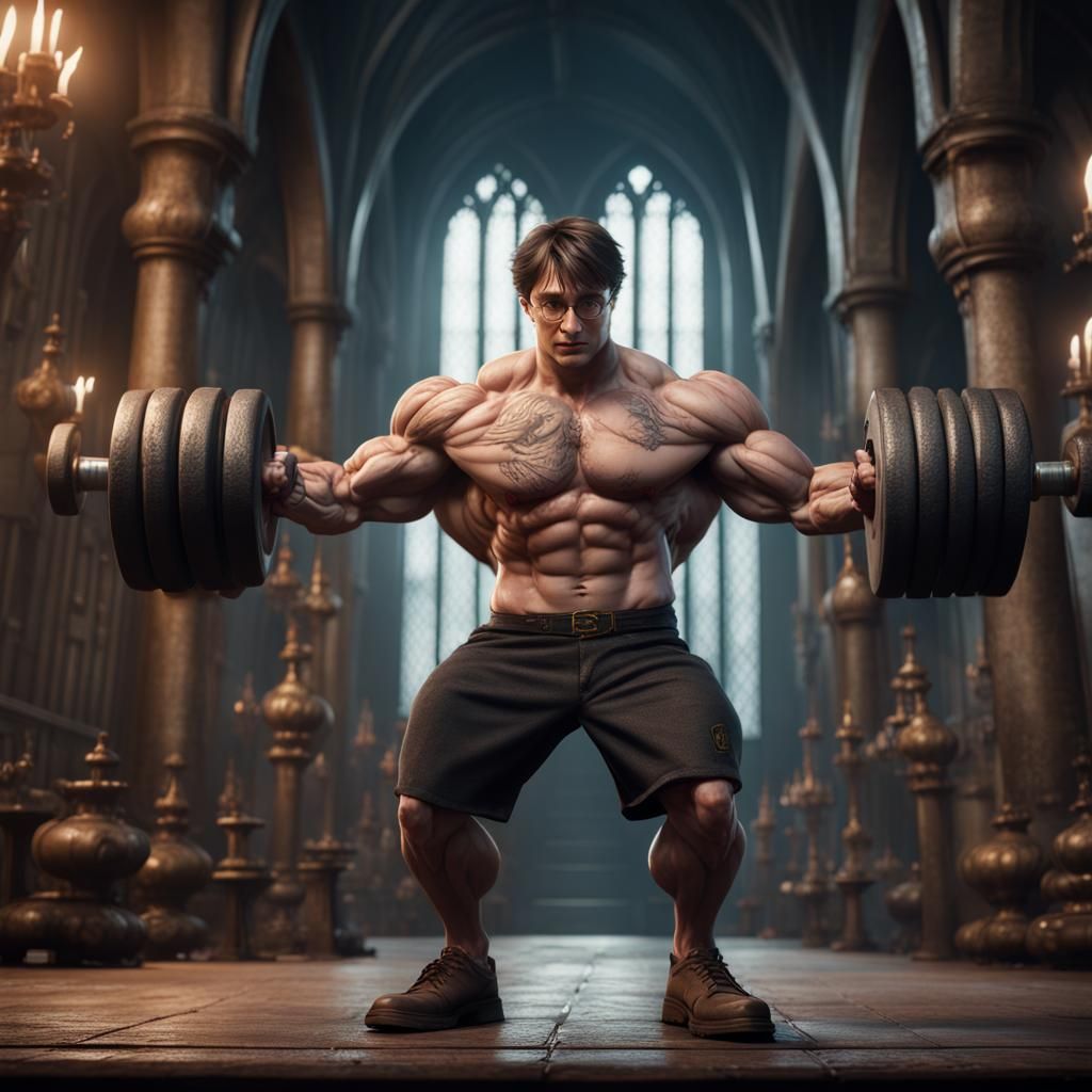 Muscular Harry Potter Lifts Dumbbell: Detailed Fantasy Art