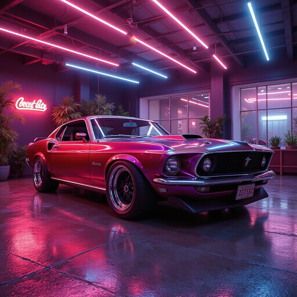 Vintage Mustang in Surreal Showroom: Futuristic Rendering