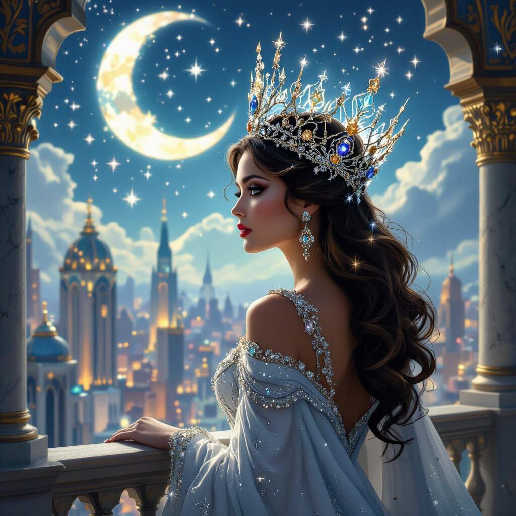Regal Queen Overlooking Fantastical City in Fantasy Style
