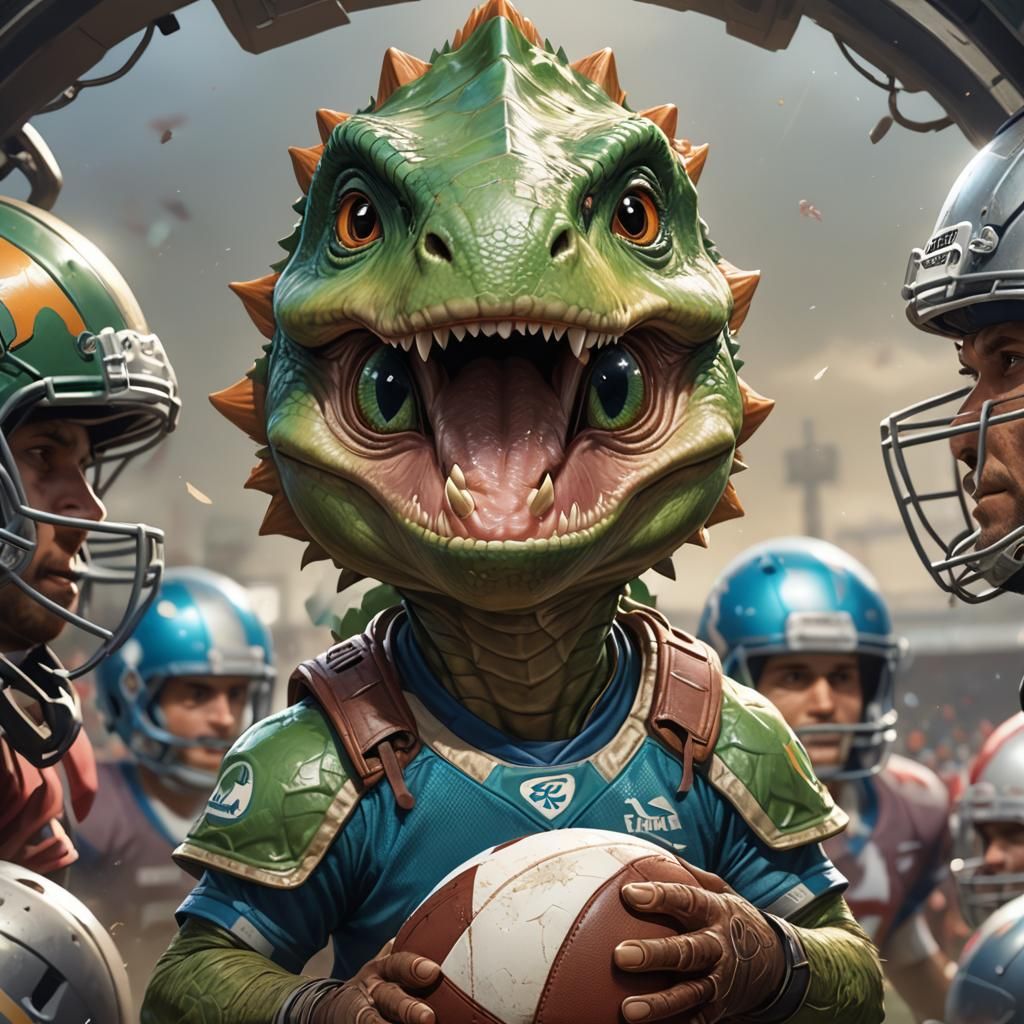Baby Dinosaur Football Player Portrait in Hyperdetailed Styl...
