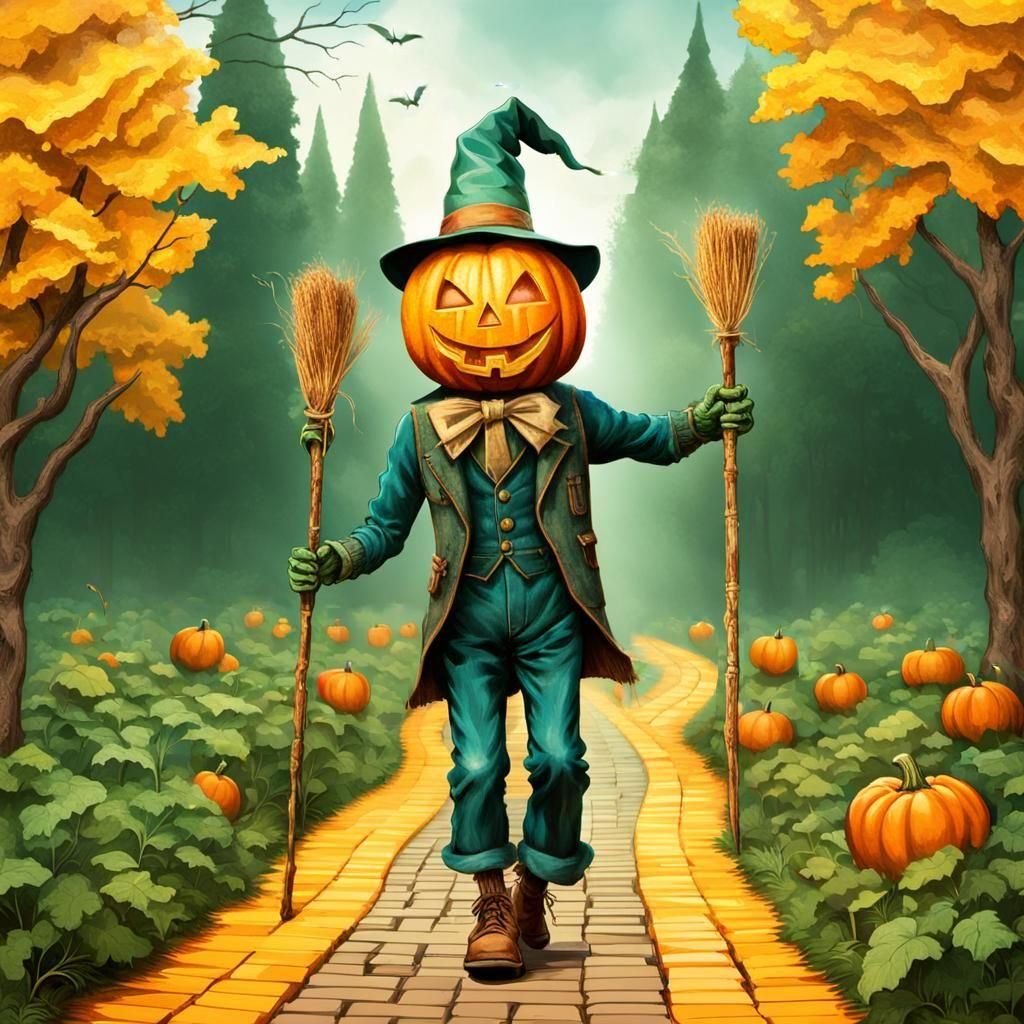 Jack-o-Lantern Scarecrow on the Yellow Brick Road