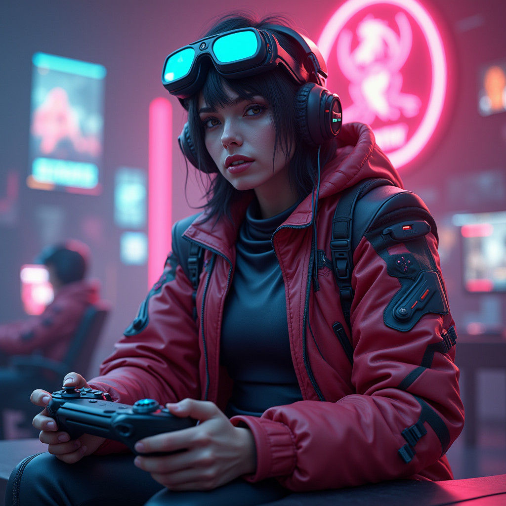 Triumphant Gaming Champion in Cyberpunk Arena