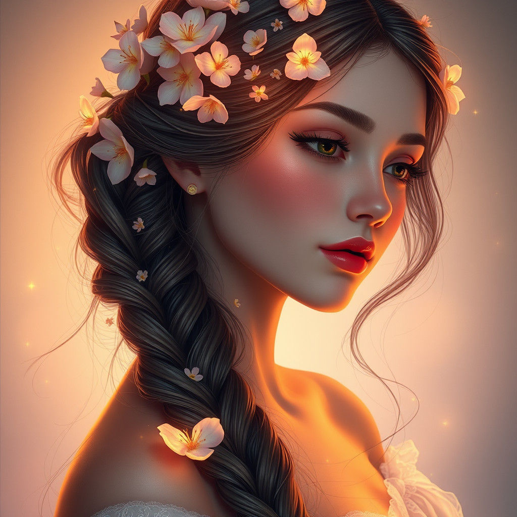 Ethereal Flower Girl Portrait in Art Nouveau Style