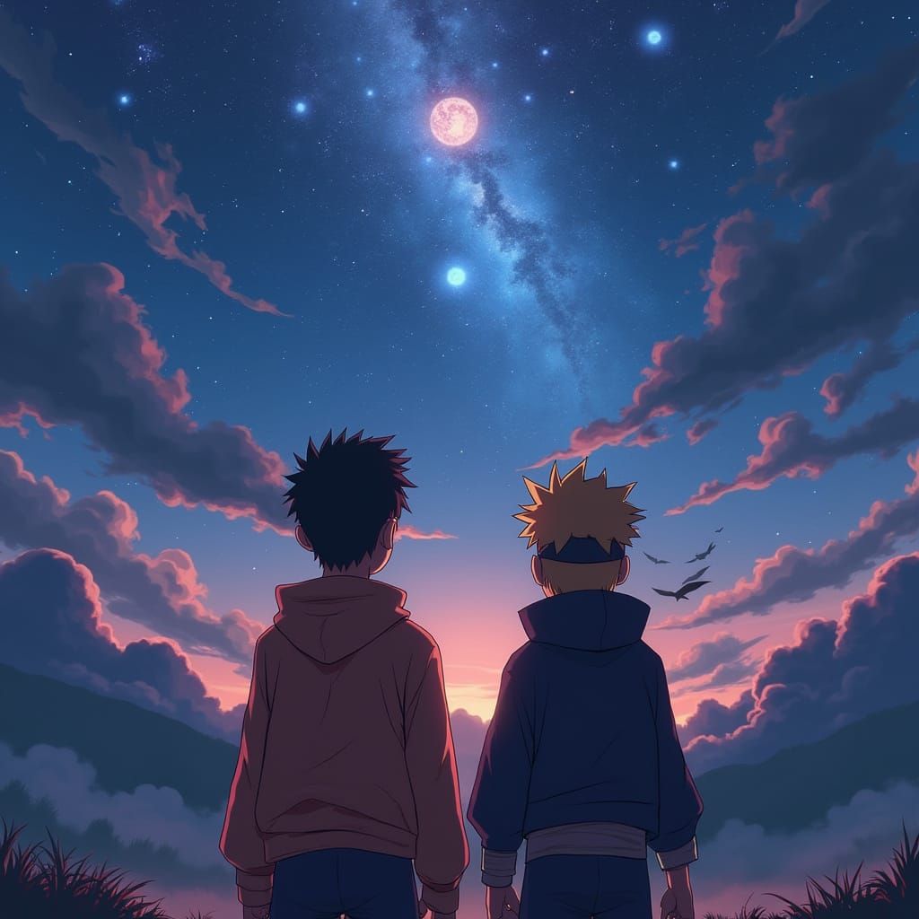 Obito and Naruto Await Celestial Spectacle in Manga Style