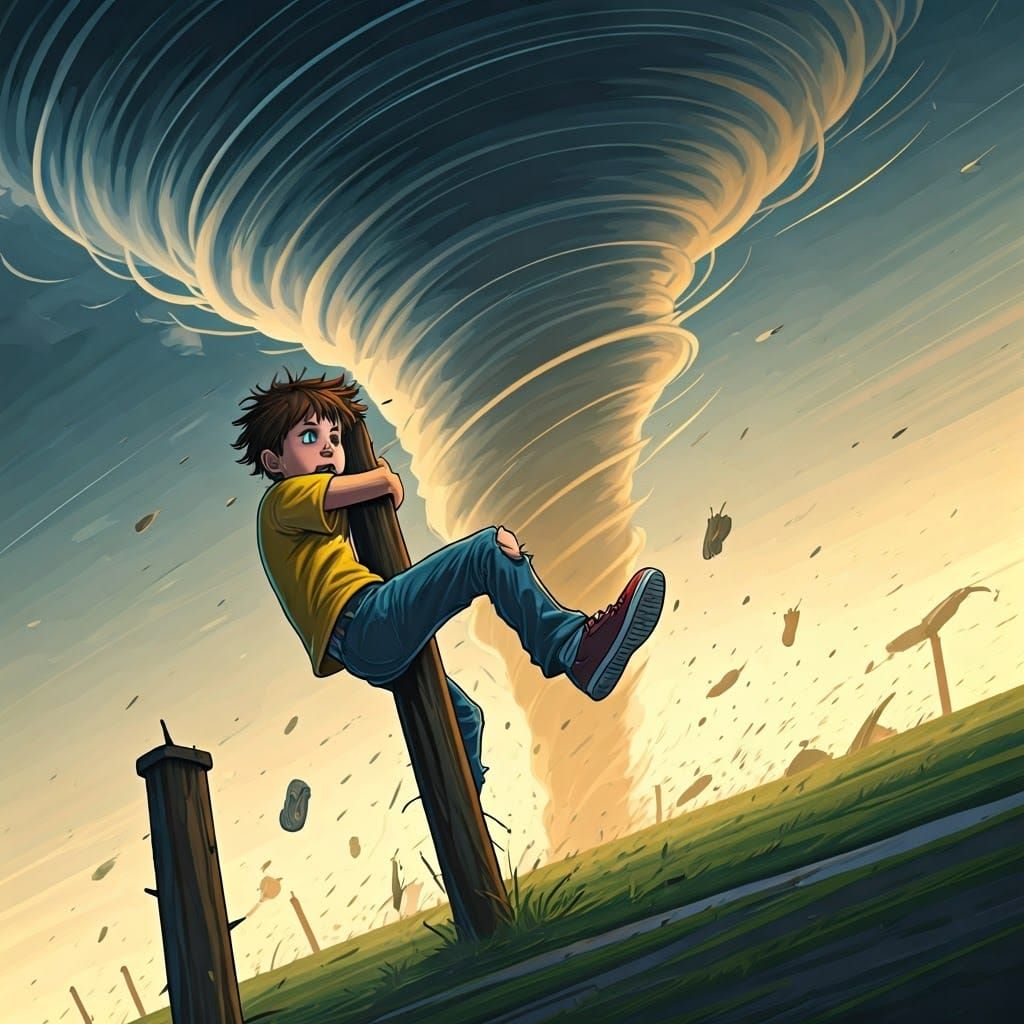 Boy Clings to Pole in Tornado, Comic Book Style