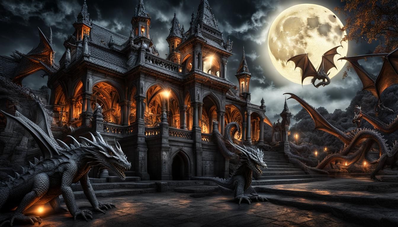 Gothic Dragon Night Under Full Moon