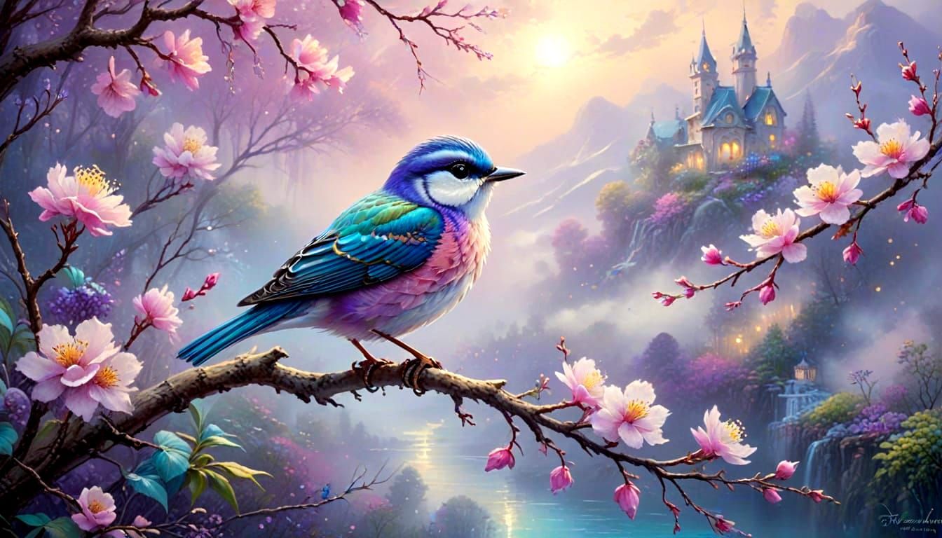 Colorful Bird on Branch with Pink Blossoms in Ethereal Lands...