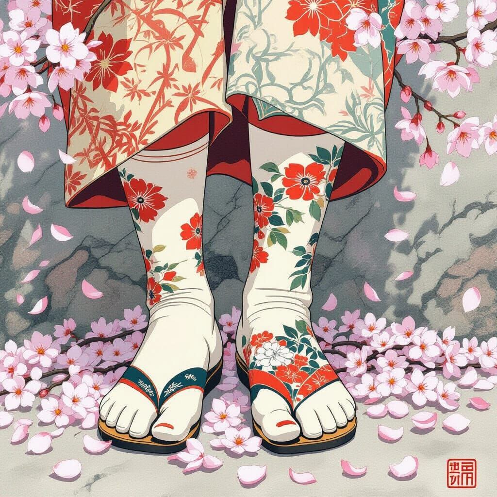 Samurai Embroidered Tabi Socks with Cherry Blossoms