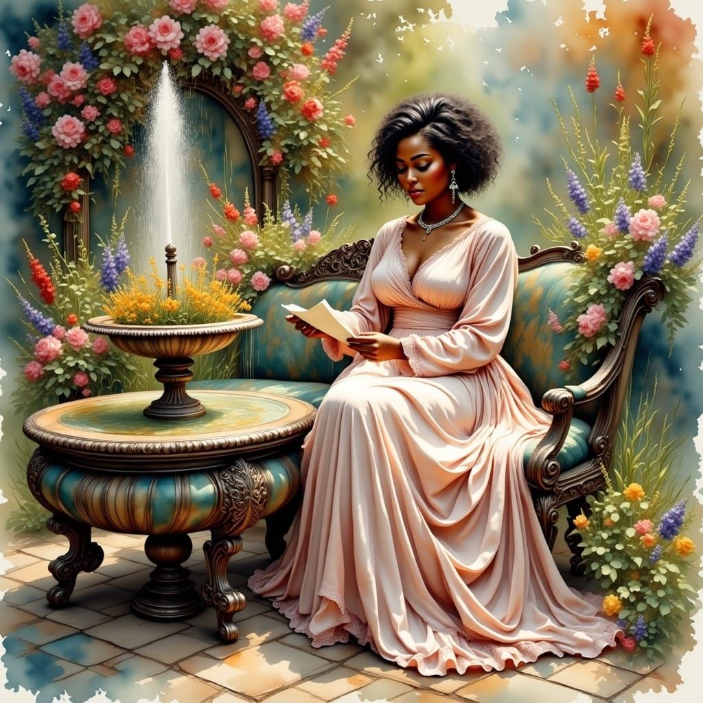 <lora:Antique Watercolor 2:1.0> Full body portrait of Maya Angelou sitting on a bench with one of her love poems. In the...