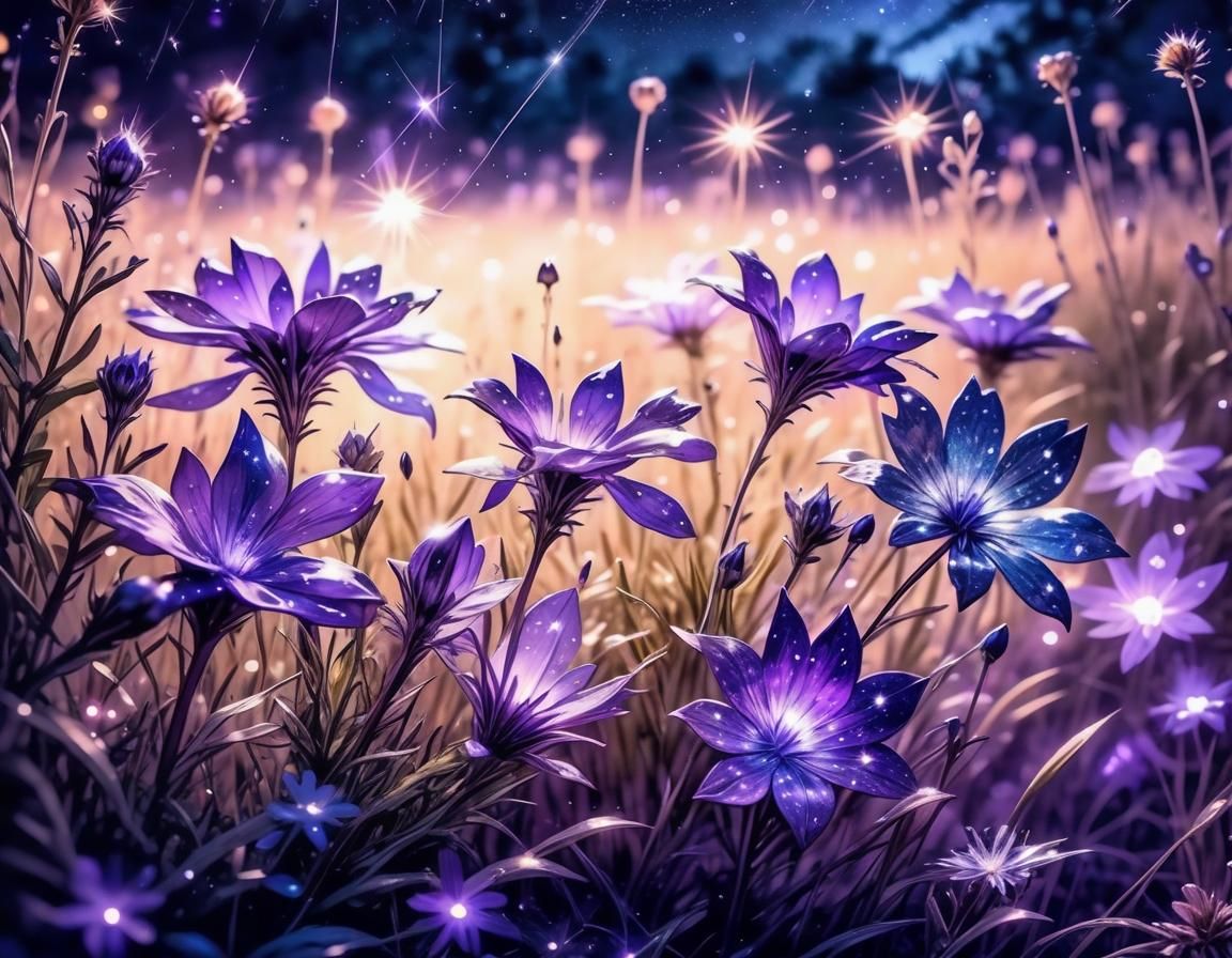 Luminescent Flowers in Starry Meadow: Hyperrealistic Digital...
