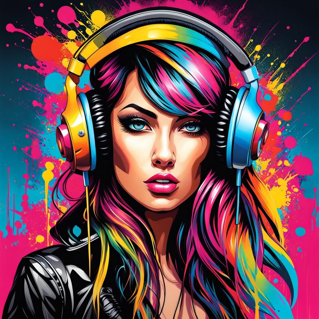 Woman with Earphones in Graffiti Street Art Style