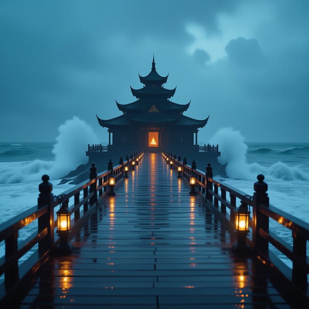 Cinematic Walk on Wet Bridge to Fiery Temple