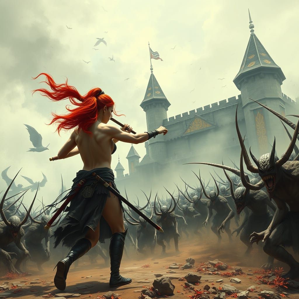 Red-Haired Samurai Warrior Battles Demons