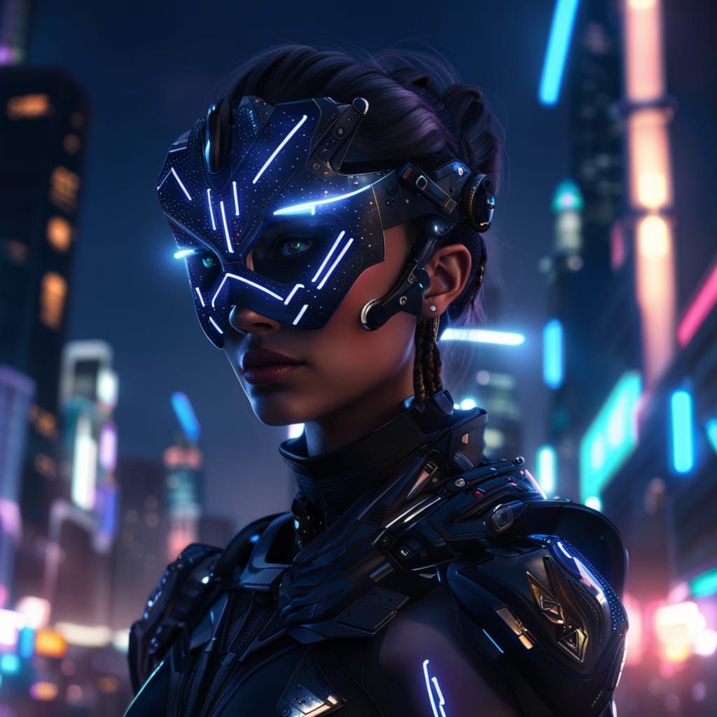 Cyborg Girl Portrait in Neon City, Hyperrealistic Art