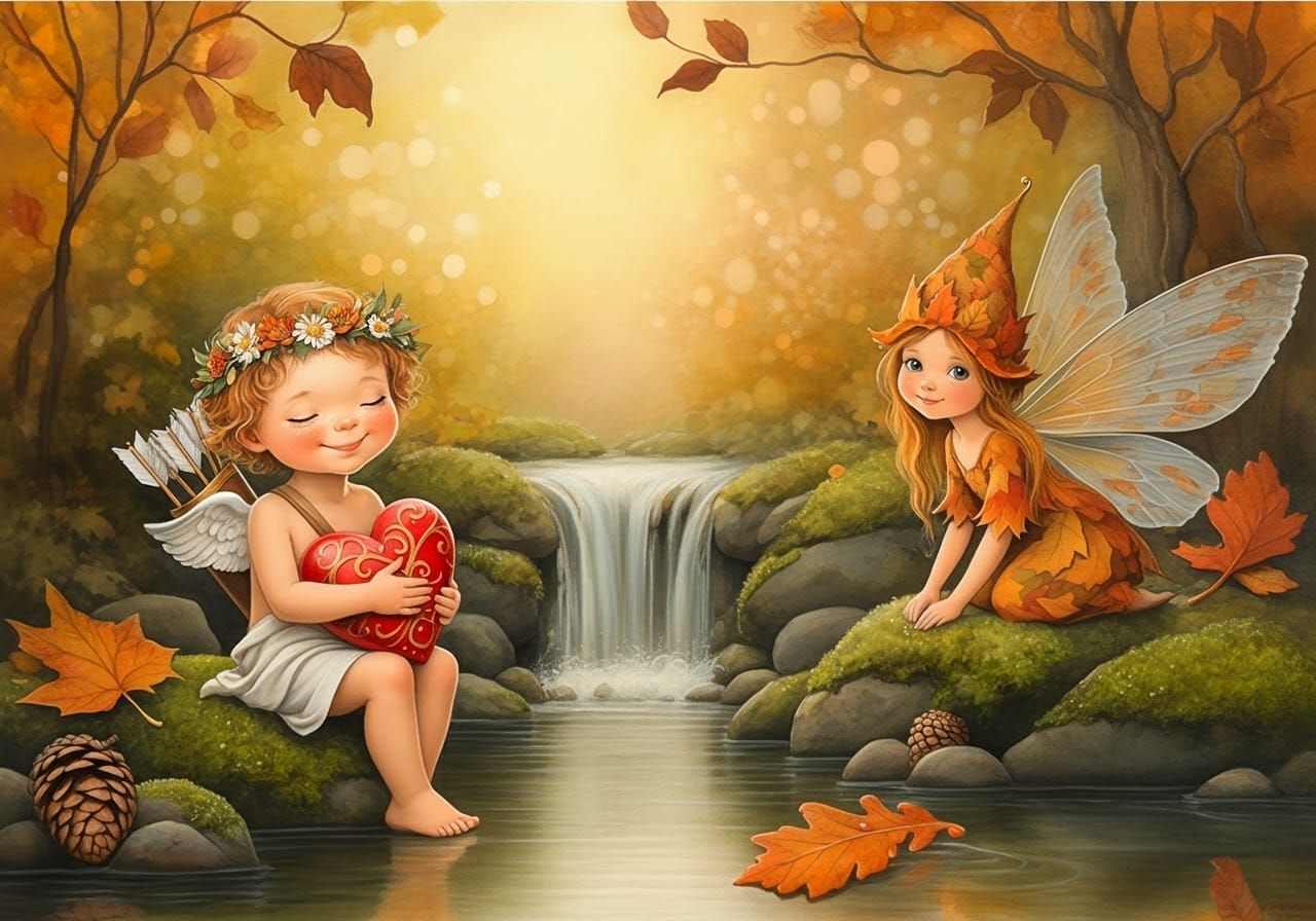 Cupid and Fairy in Autumnal Scene