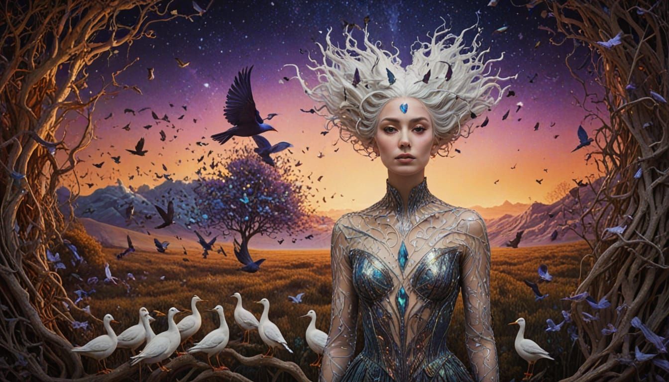 Woman Transforms Into Birds Amidst Cosmic Energy