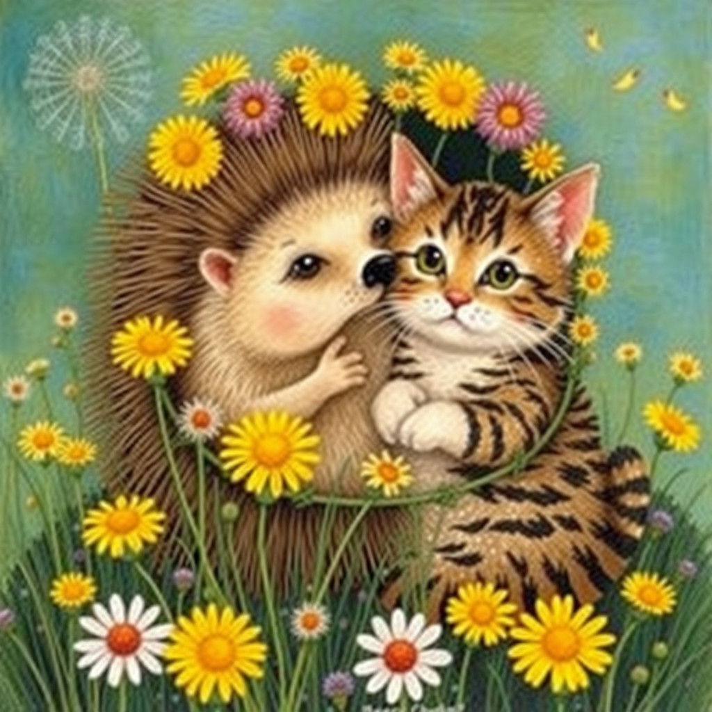 Hedgehog and Cat in Floral Wreaths, Painterly Style