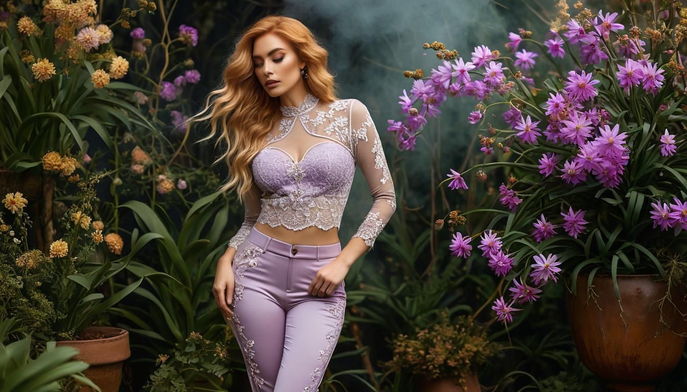 Model in Lace Top and Embroidered Pants