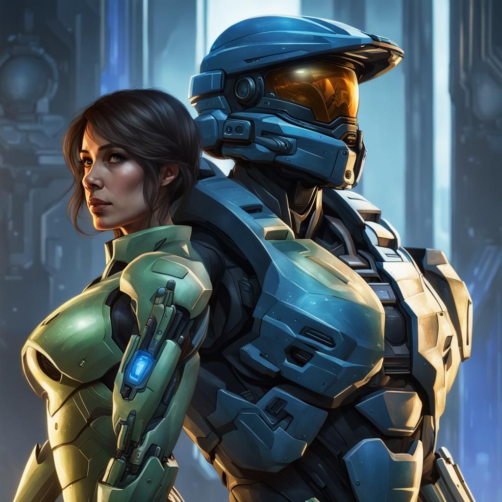 Cortana and Master Chief Portrait in Hyperdetailed Style