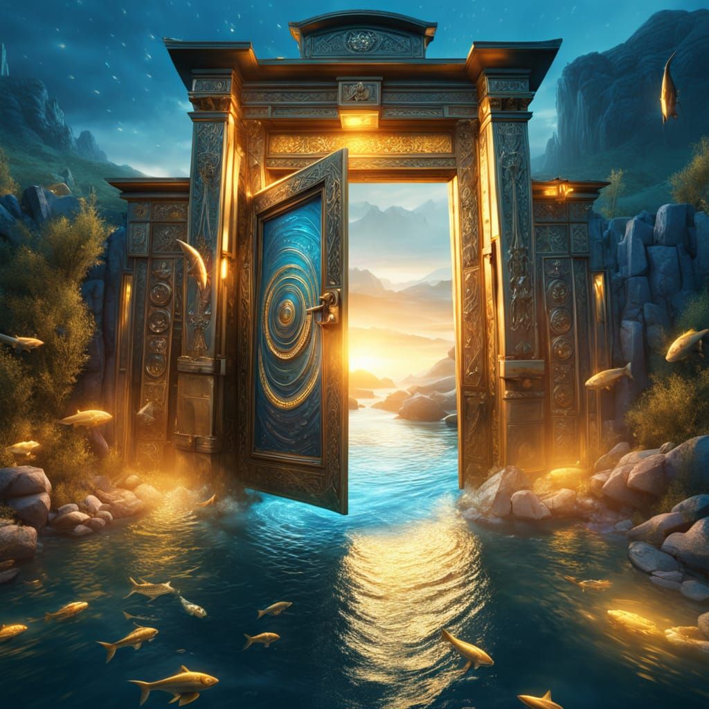 Cinematic River Door with Glowing Runes