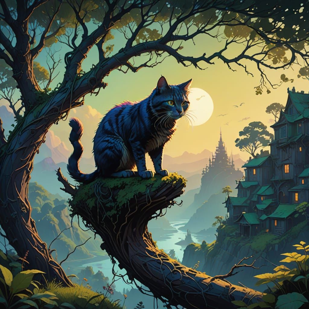 Whimsical Feline Amidst Ancient Tree, in Dreamlike Fantasy S...