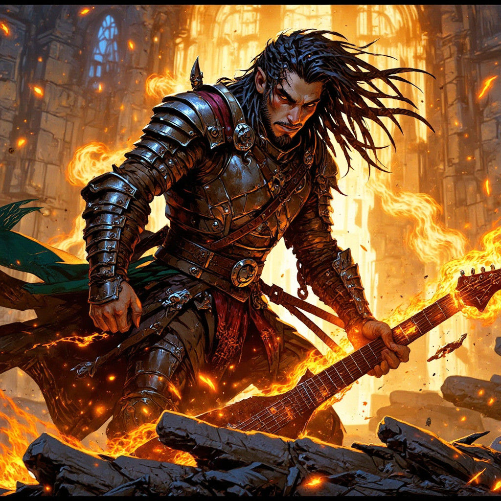 Highlander Warrior Amidst Fiery Guitar Chaos